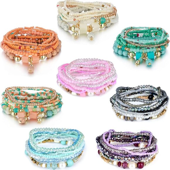 Bohemian Beaded Bracelets Set for Women Multi Layered Stackable Jewelry - Picture 1 of 6